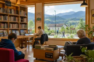 Library interior in Épagny Metz-Tessy with large windows showing green hills and blue mountains, locals reading, and natural daylight creating a warm, authentic alpine village atmosphere.