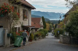Resident pushing recycling bin down village street in Épagny Metz-Tessy with stone houses, red roofs, and forested hills in background