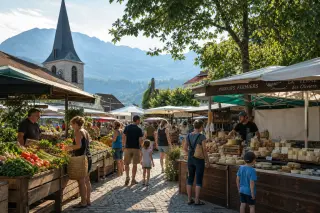 Bustling village market in Haute-Savoie with locals shopping at stalls, soft mountain background and gentle natural light.