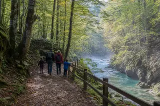 Family walking along a wooded riverside trail in the Gorges du Fier with gentle sunlight and early autumn colors.
