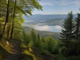 Misty morning view over Lake Annecy from a wooded hillside, sun filtering through green beech trees, with distant hills and villages visible under a soft blue sky.