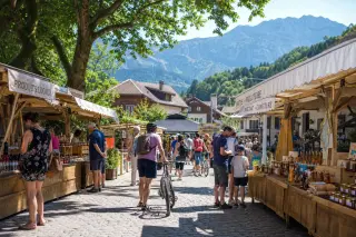 Outdoor village market in Haute-Savoie, bustling with locals and families among wooden stalls, with forested hills and mountains in the background under soft morning light.