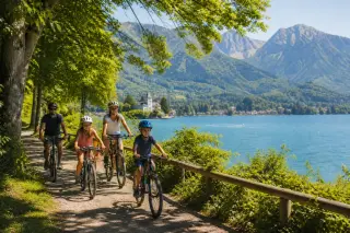 Family cycling on a lakeside path near Lake Annecy, surrounded by greenery and soft morning light with distant mountains in view.