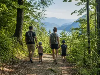 Family walking on a leafy forest path near Cruseilles in soft summer morning light, with green woodland and blue hills in the background