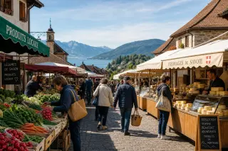 Animated village market in Haute-Savoie with local vendors, fresh produce, Savoyard houses, and distant blue hills under soft morning light.