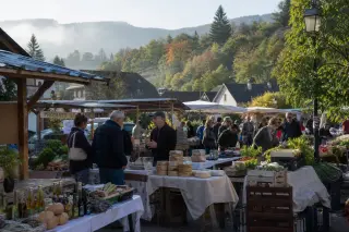 animated outdoor village market with local products, people shopping, wooden stalls, greenery and misty hills in the background
