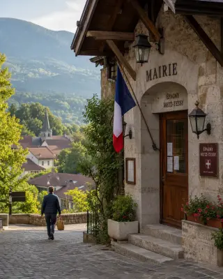 Haute-Savoie village town hall entrance with French flag, stone facade, greenery, and a resident passing by on a calm morning